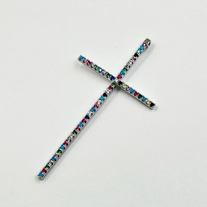 Подвеска Крестик с цветными фианитами размер 53*27мм цвет серебро